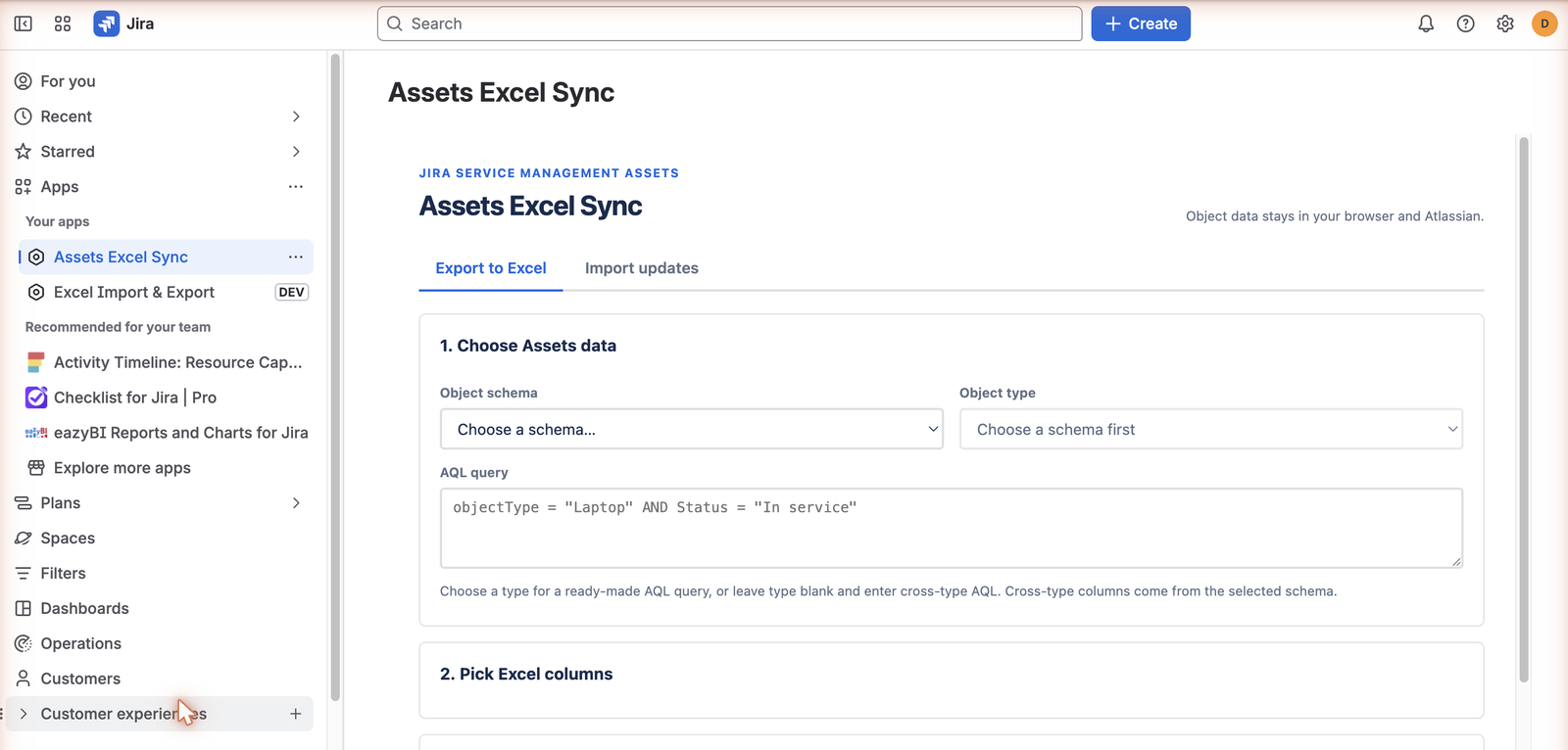 The Assets Excel Sync panel inside Jira Service Management, showing object schema and type pickers, an AQL query box, and Excel column selection.