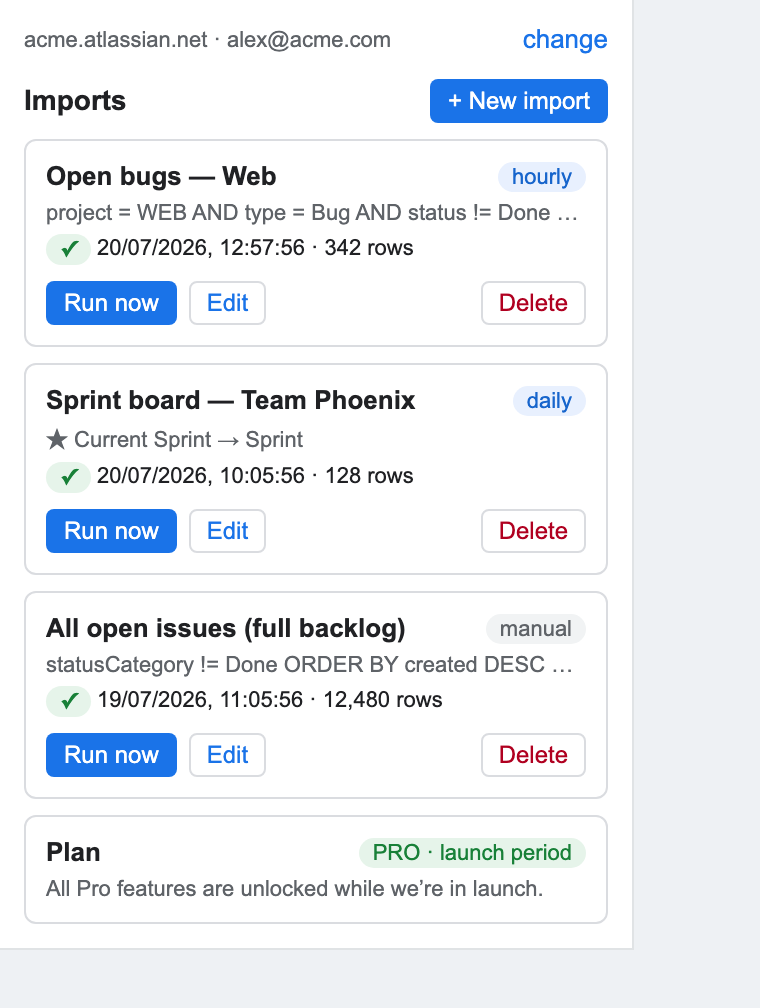Sheet Sync for Jira sidebar listing saved imports in Google Sheets