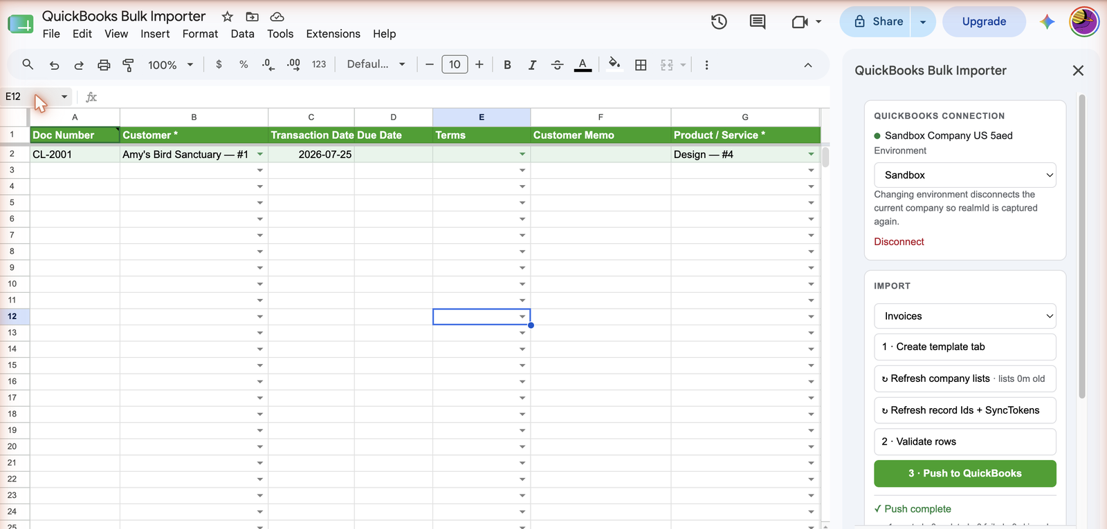 The QuickBooks Bulk Importer sidebar connected to a QuickBooks company, next to a generated invoice template with dropdowns for customer and product.