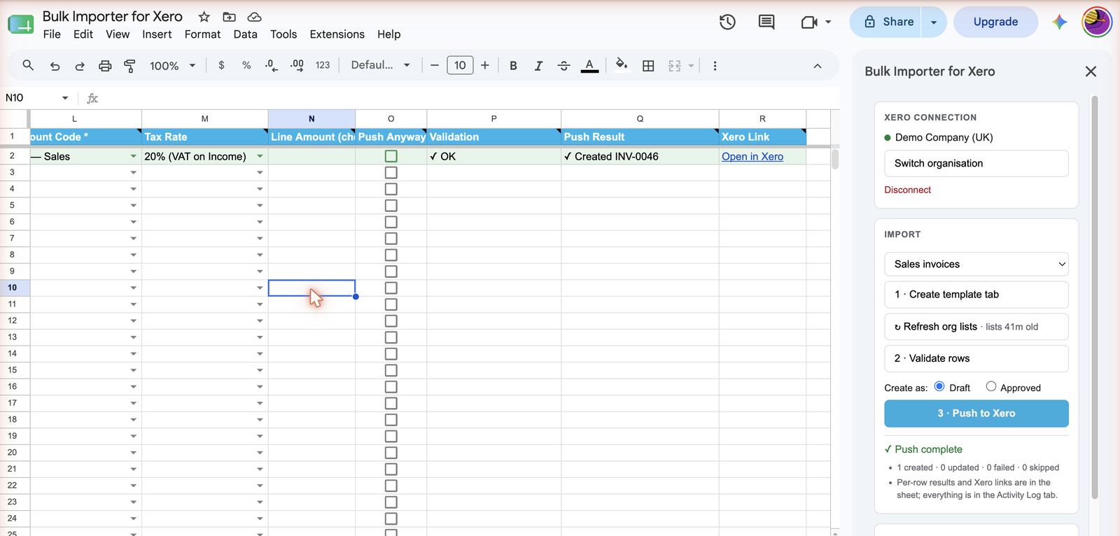The Invoices sheet after a successful push, showing Validation OK, a Push Result of "Created INV-0046", and an Open in Xero link, alongside the sidebar's Push complete summary of 1 created, 0 updated, 0 failed, 0 skipped.