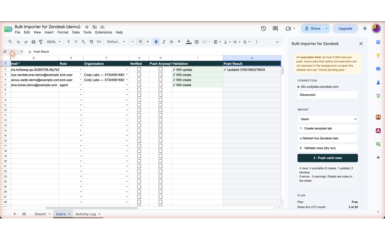 Demo sheet showing three proposed creates and one update, with validation results before pushing to Zendesk